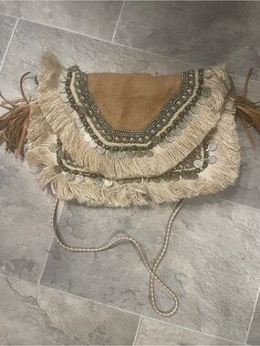 SHASHI Beige Fringe Crossbody with Coin & Bead Accents